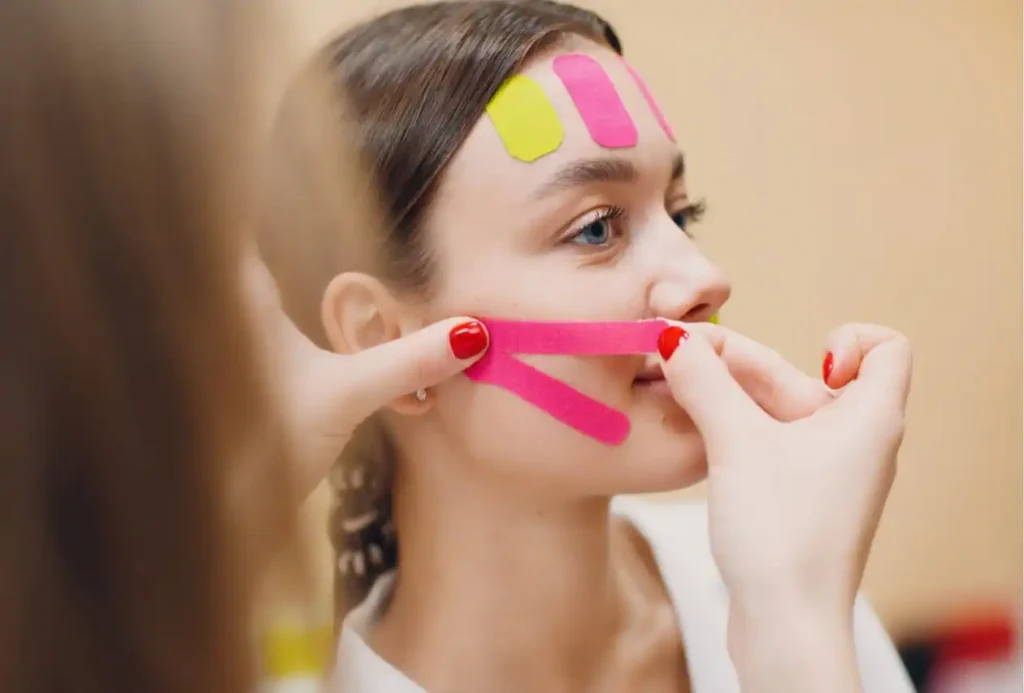 Paciente en una sesión de kinesiolifting facial.